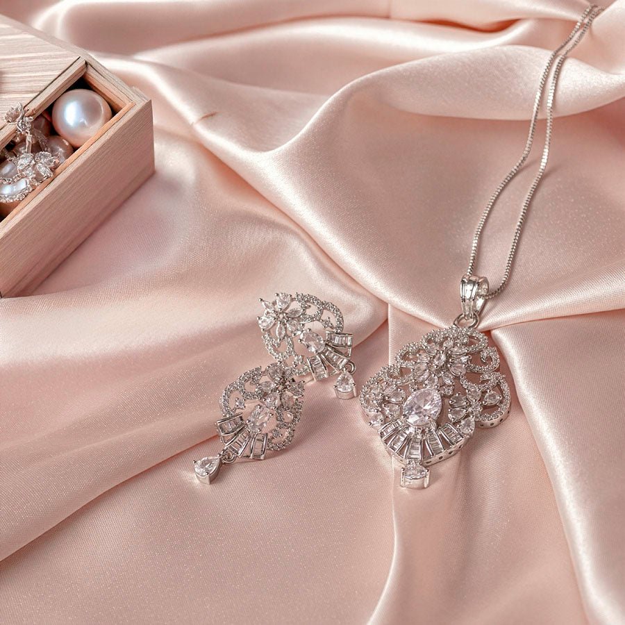 White Silver Polish Lightweight American Diamond Pendant Set for Women for Occasion and Party Wear (MI - PEN - 006 - AD - SL) - The Indian Mudra