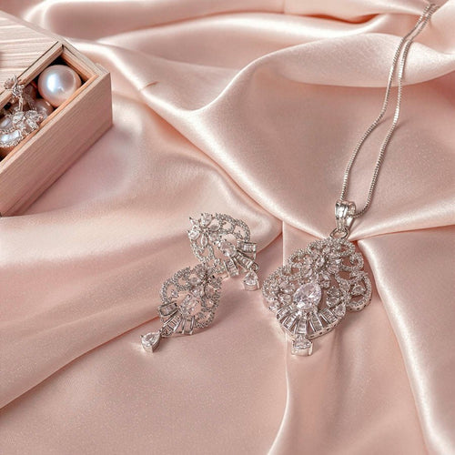 White Silver Polish Lightweight American Diamond Pendant Set for Women for Occasion and Party Wear (MI - PEN - 006 - AD - SL) - The Indian Mudra