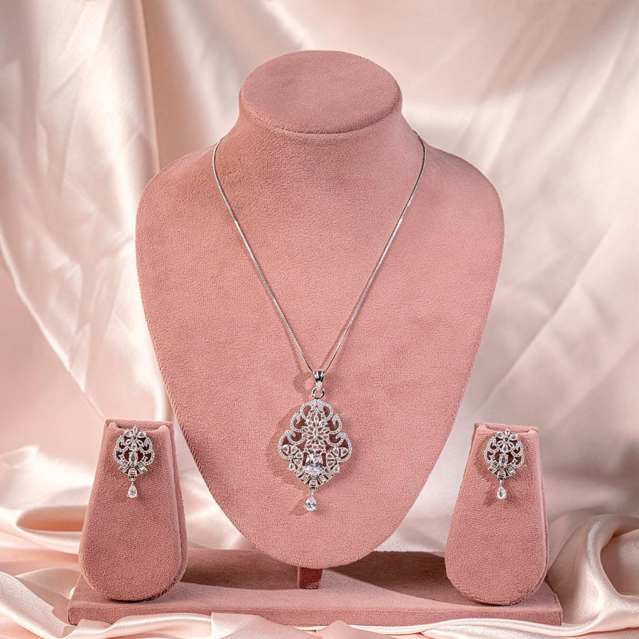 White Silver Polish Lightweight American Diamond Pendant Set for Women for Occasion and Party Wear (MI - PEN - 006 - AD - SL) - The Indian Mudra