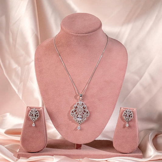 White Silver Polish Lightweight American Diamond Pendant Set for Women for Occasion and Party Wear (MI - PEN - 006 - AD - SL) - The Indian Mudra