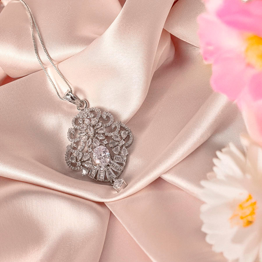 White Silver Polish Lightweight American Diamond Pendant Set for Women for Occasion and Party Wear (MI - PEN - 006 - AD - SL) - The Indian Mudra