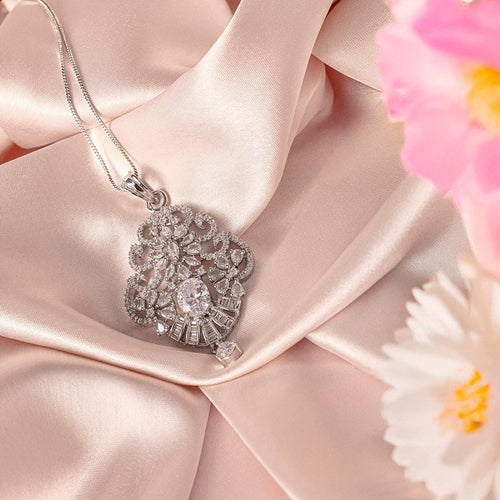 White Silver Polish Lightweight American Diamond Pendant Set for Women for Occasion and Party Wear (MI - PEN - 006 - AD - SL) - The Indian Mudra