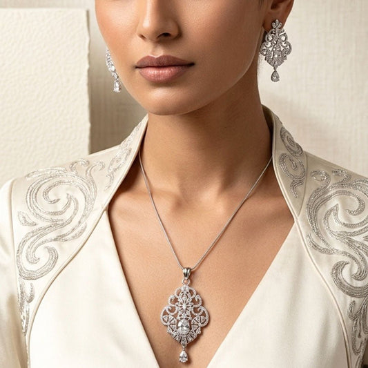 White Silver Polish Lightweight American Diamond Pendant Set for Women for Occasion and Party Wear (MI - PEN - 006 - AD - SL) - The Indian Mudra