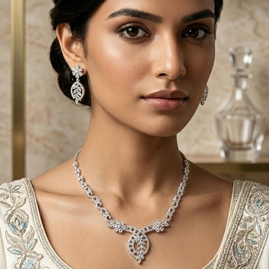 White Silver Polish Short American Diamond Necklace Set Lightweight for Occasion and Party Wear for Women (MC-NS-002-AD-SL) - The Indian Mudra