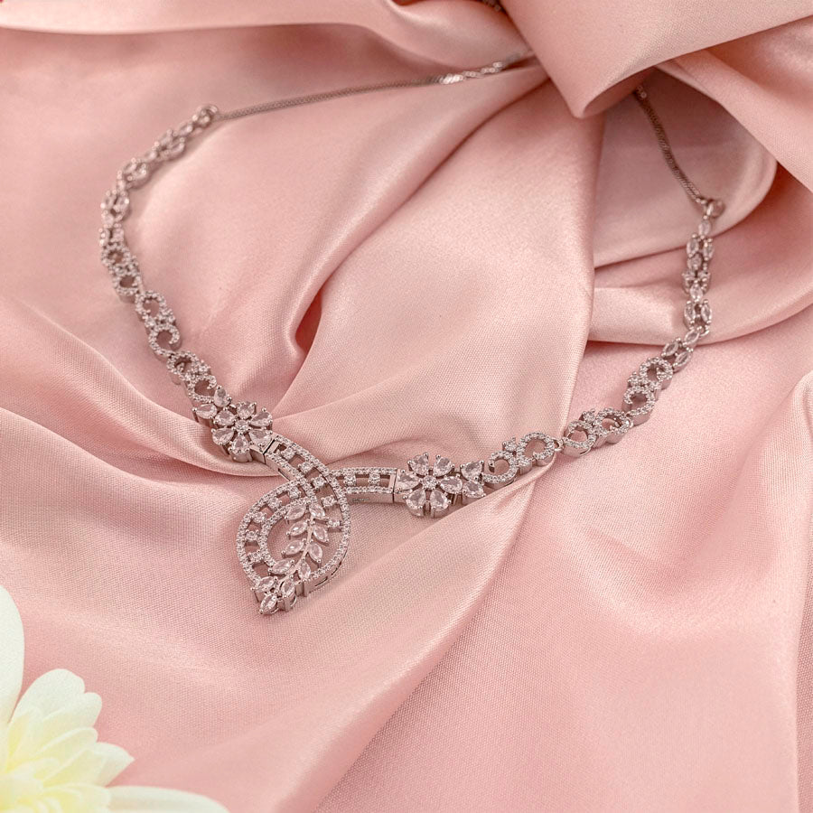 White Silver Polish Short American Diamond Necklace Set Lightweight for Occasion and Party Wear for Women (MC-NS-002-AD-SL) - The Indian Mudra