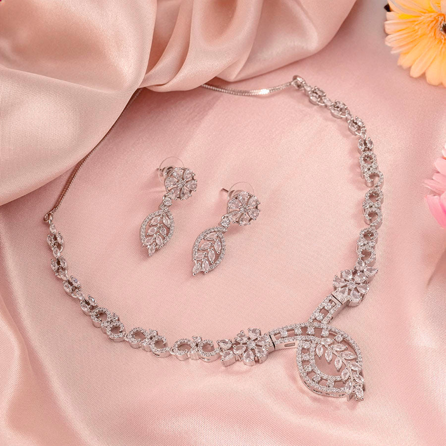 White Silver Polish Short American Diamond Necklace Set Lightweight for Occasion and Party Wear for Women (MC-NS-002-AD-SL) - The Indian Mudra