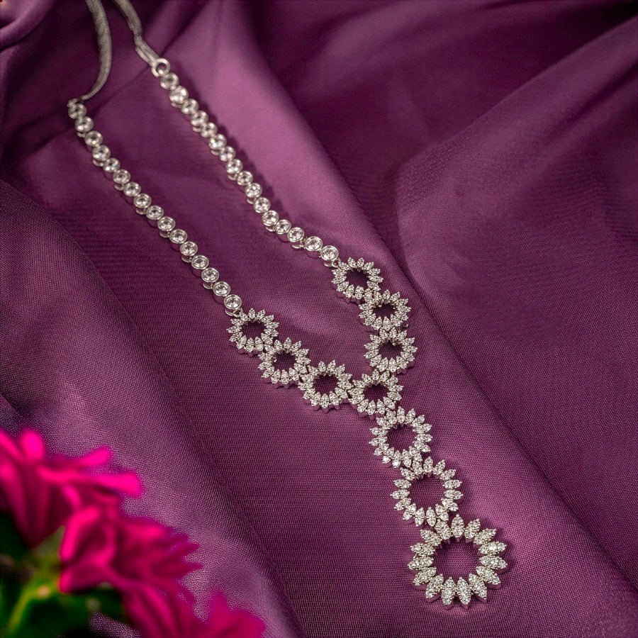 White Silver Polish Short Lightweight American Diamond Necklace Set - The Indian Mudra