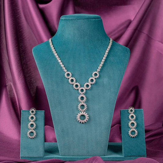 White Silver Polish Short Lightweight American Diamond Necklace Set - The Indian Mudra