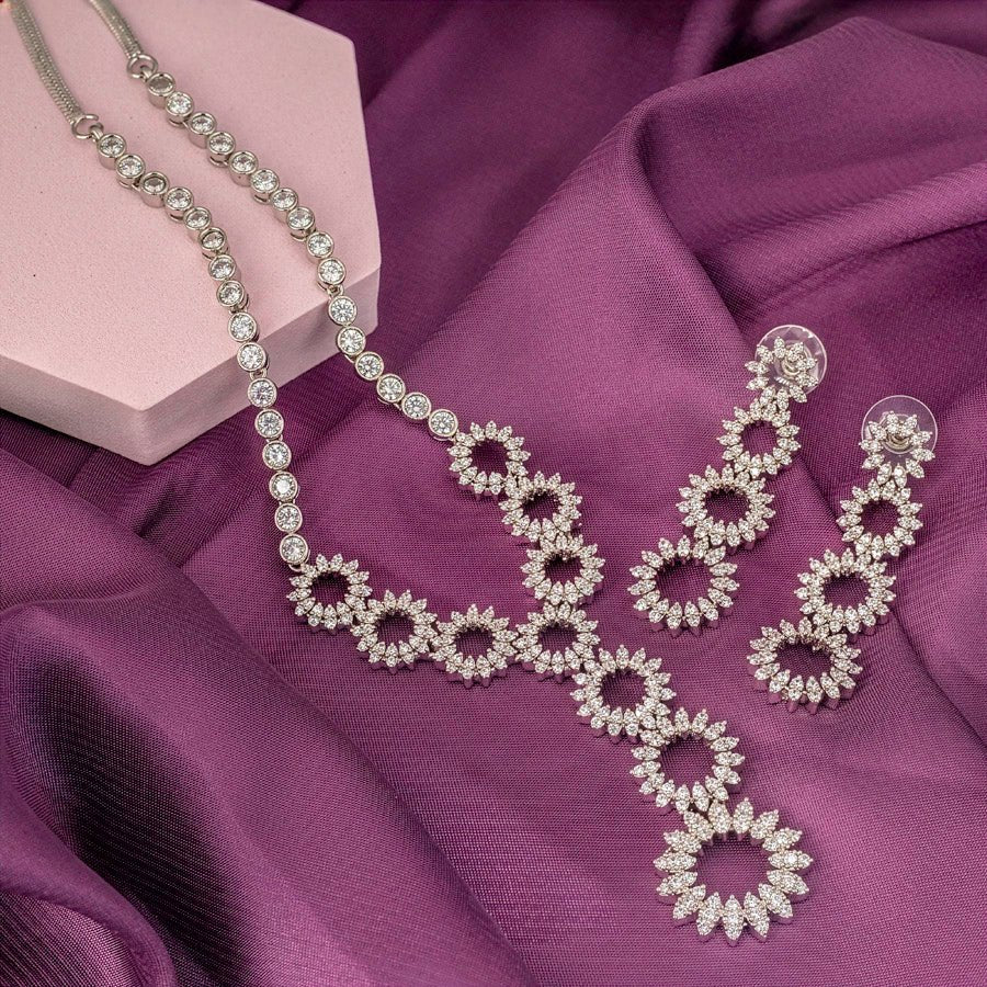 White Silver Polish Short Lightweight American Diamond Necklace Set - The Indian Mudra