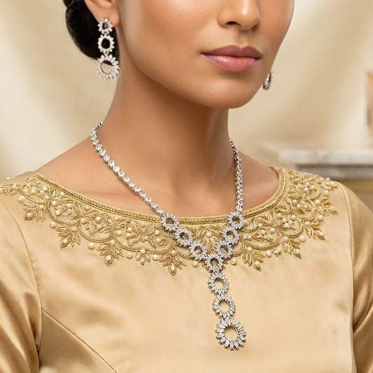 White Silver Polish Short Lightweight American Diamond Necklace Set - The Indian Mudra