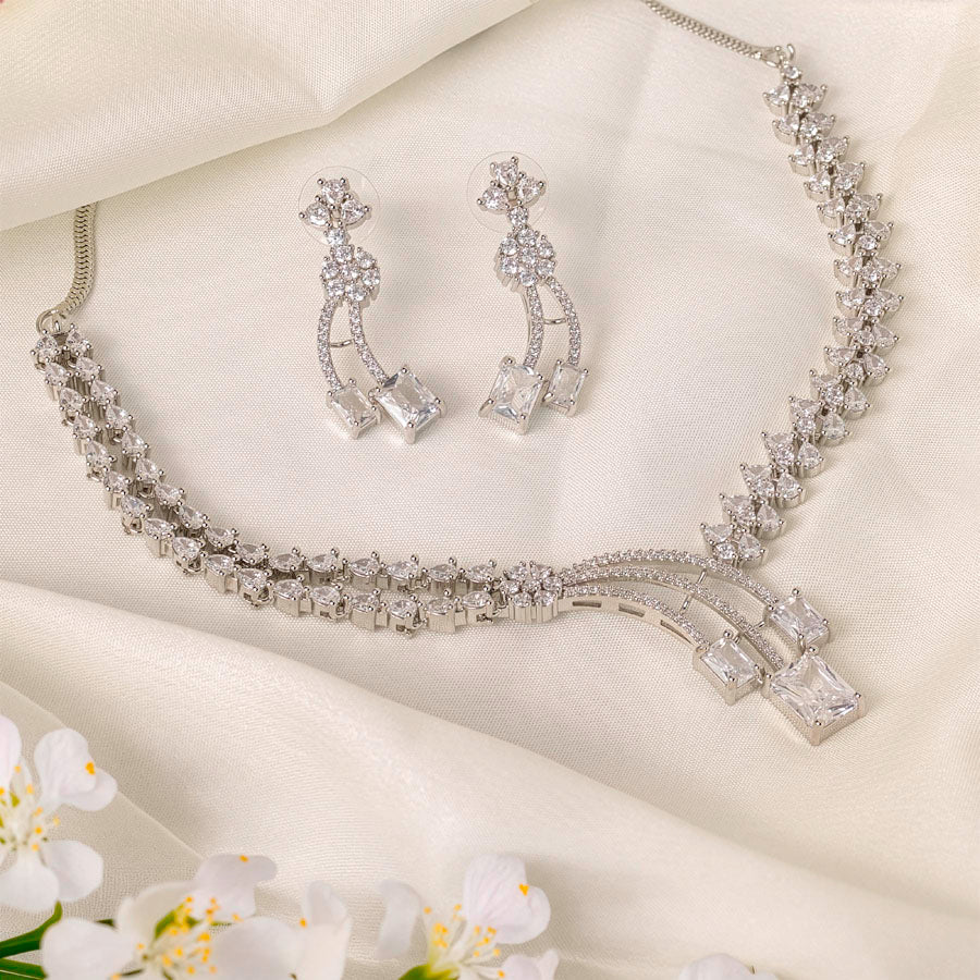 White Silver Polish Short Lightweight American Diamond Necklace Set for Occasion and Party Wear (MC - NS - 022 - AD - SL - 1) - The Indian Mudra