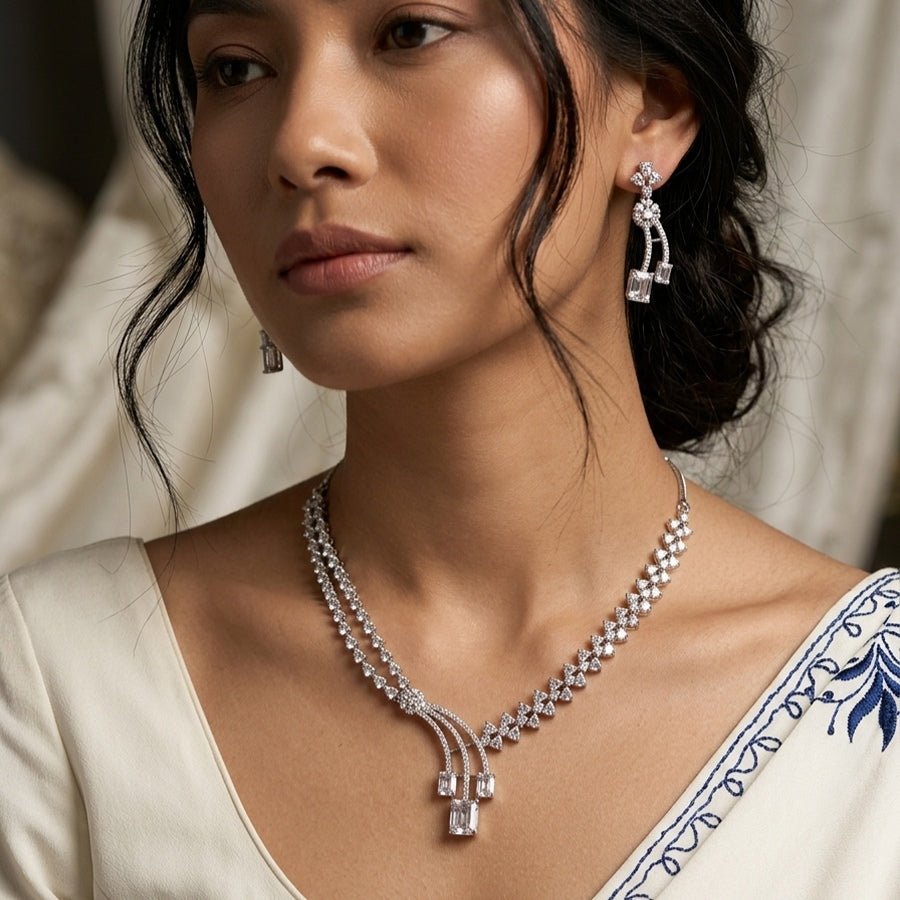 White Silver Polish Short Lightweight American Diamond Necklace Set for Occasion and Party Wear (MC - NS - 022 - AD - SL - 1) - The Indian Mudra