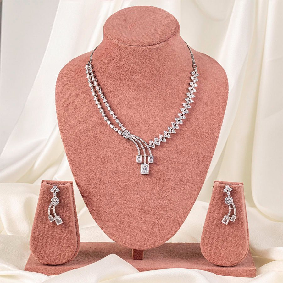 White Silver Polish Short Lightweight American Diamond Necklace Set for Occasion and Party Wear (MC - NS - 022 - AD - SL - 1) - The Indian Mudra