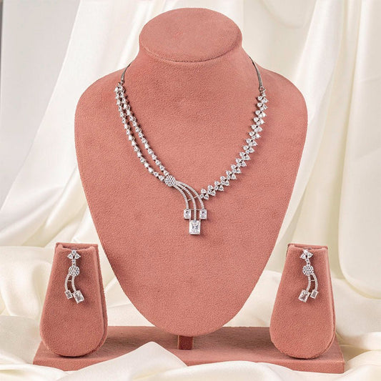 White Silver Polish Short Lightweight American Diamond Necklace Set for Occasion and Party Wear (MC - NS - 022 - AD - SL - 1) - The Indian Mudra