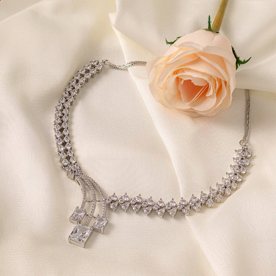 White Silver Polish Short Lightweight American Diamond Necklace Set for Occasion and Party Wear (MC - NS - 022 - AD - SL - 1) - The Indian Mudra