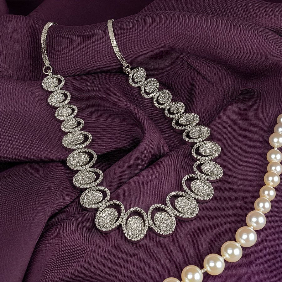 White Silver Polish Short Lightweight American Diamond Necklace Set for Women for Occasion and Party Wear (MC - NS - 026 - AD - SL) - The Indian Mudra