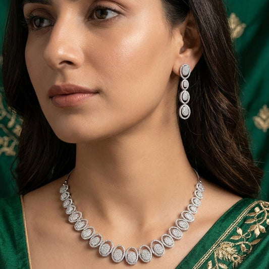 White Silver Polish Short Lightweight American Diamond Necklace Set for Women for Occasion and Party Wear (MC - NS - 026 - AD - SL) - The Indian Mudra