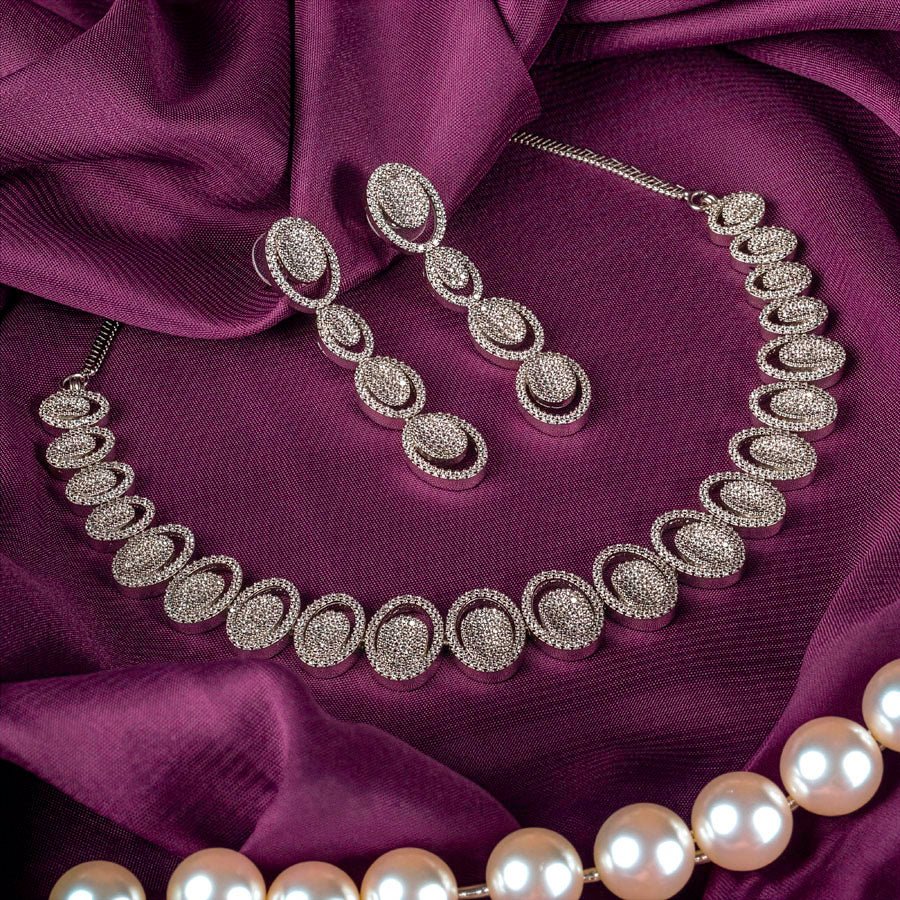 White Silver Polish Short Lightweight American Diamond Necklace Set for Women for Occasion and Party Wear (MC - NS - 026 - AD - SL) - The Indian Mudra