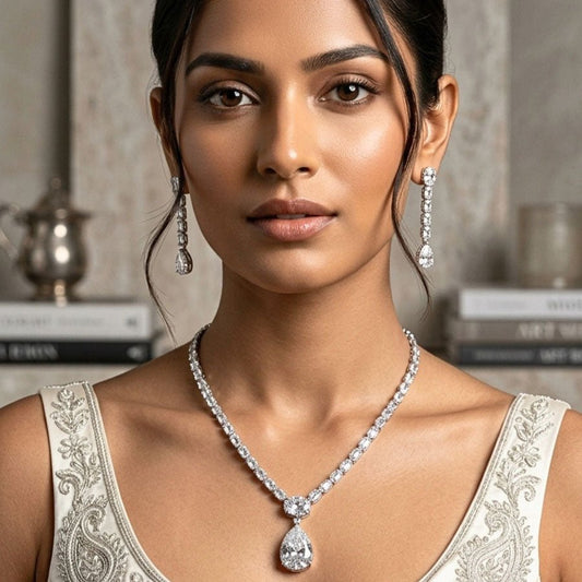 White Silver Short American Diamond Lightweight Necklace Set for Women for occasion and party Wear (MI - NS - 001 - AD - SL) - The Indian Mudra
