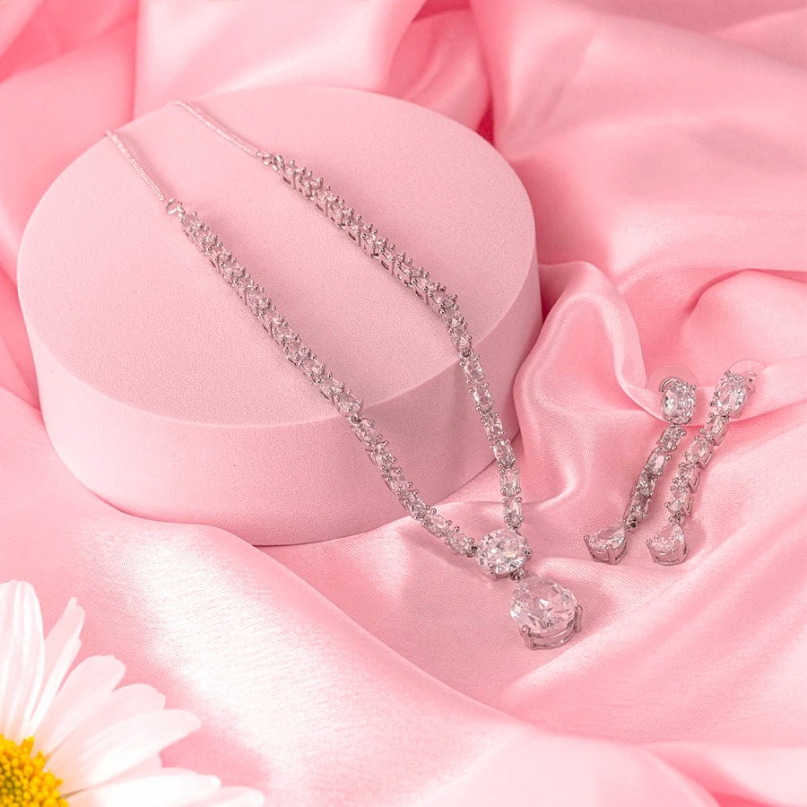 White Silver Short American Diamond Lightweight Necklace Set for Women for occasion and party Wear (MI - NS - 001 - AD - SL) - The Indian Mudra