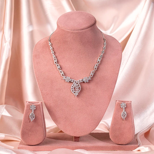 White Silver Short American Diamond Necklace Set Lightweight for Occasion and Party Wear for Women   (MC-NS-002-AD-SL)