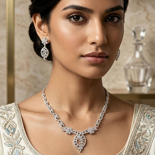 White Silver Short American Diamond Necklace Set Lightweight for Occasion and Party Wear for Women   (MC-NS-002-AD-SL)
