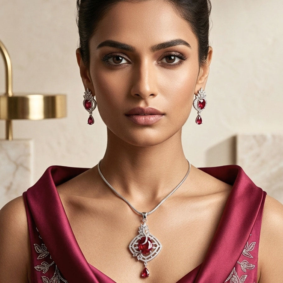 Wine Red American Diamond Lightweight Pendant Set for Women for Occasion and Party Wear (MI-PEN-004-RD-SL)
