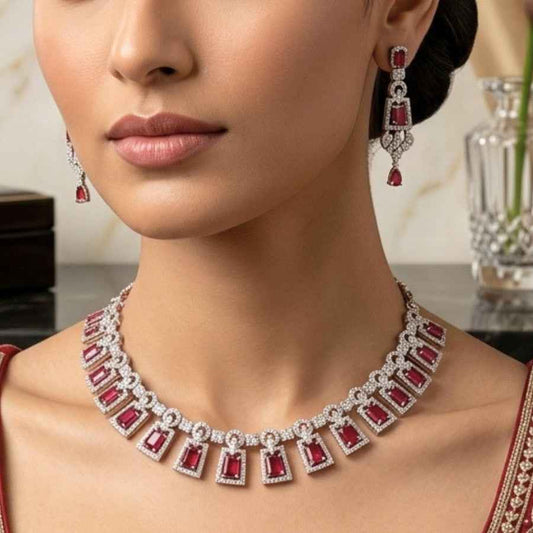 Wine Red Lightweight Silver Polish Short American Diamond Necklace Set - The Indian Mudra