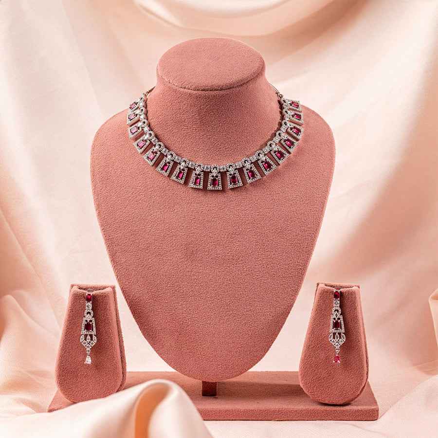 Wine Red Lightweight Silver Polish Short American Diamond Necklace Set for Women for Occasion and Party Wear (MC-NS-002-RD-SL)