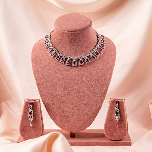 Wine Red Lightweight Silver Short American Diamond Necklace Set for Women for Occasion and Party Wear (MC-NS-002-RD-SL)