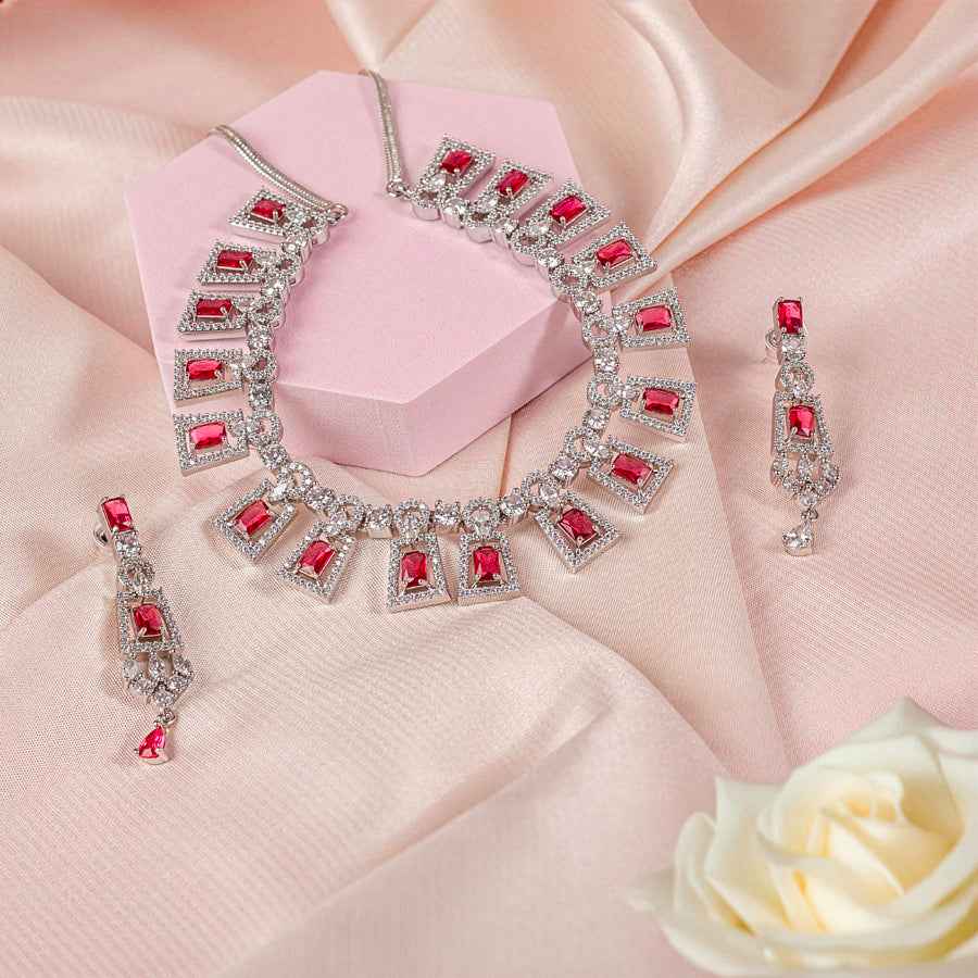 Wine Red Lightweight Silver Polish Short American Diamond Necklace Set for Women for Occasion and Party Wear (MC-NS-002-RD-SL)
