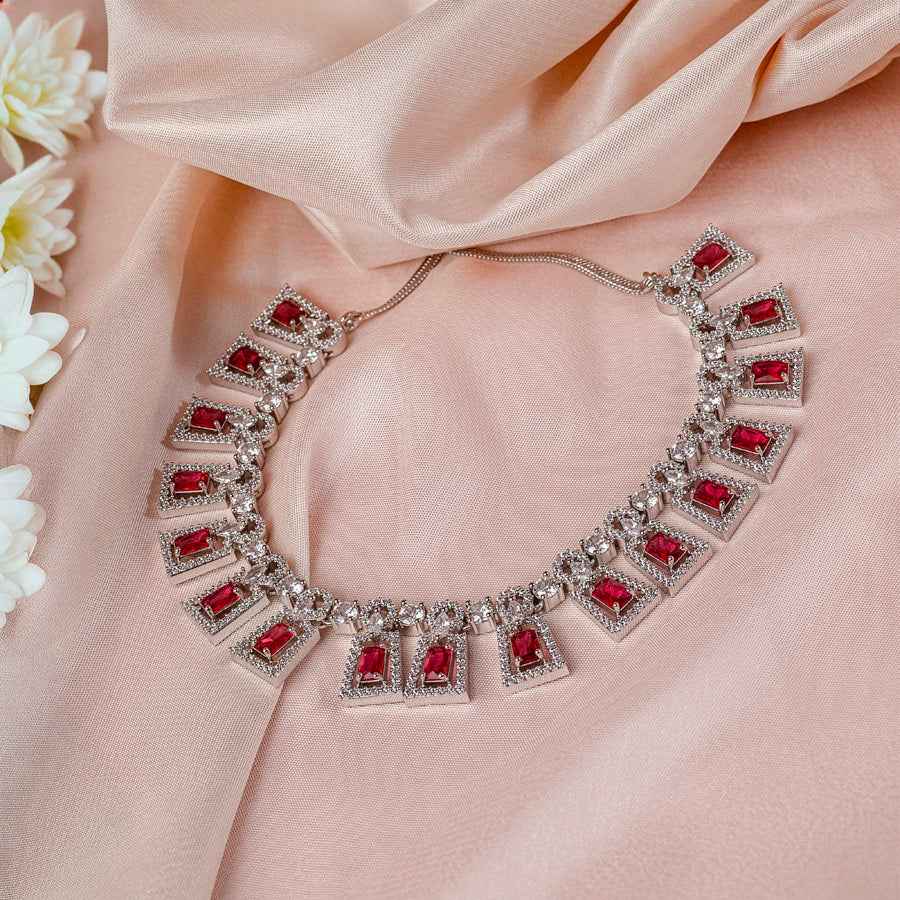 Wine Red Lightweight Silver Polish Short American Diamond Necklace Set for Women for Occasion and Party Wear (MC-NS-002-RD-SL)