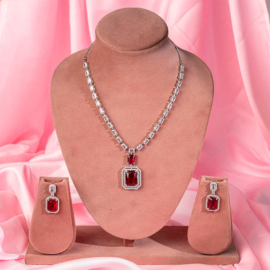 Wine Red Short Silver Polish Lightweight American Diamond Necklace Set for Women for Occasion and Party Wear (MC-NS-021-RED-SL-1)