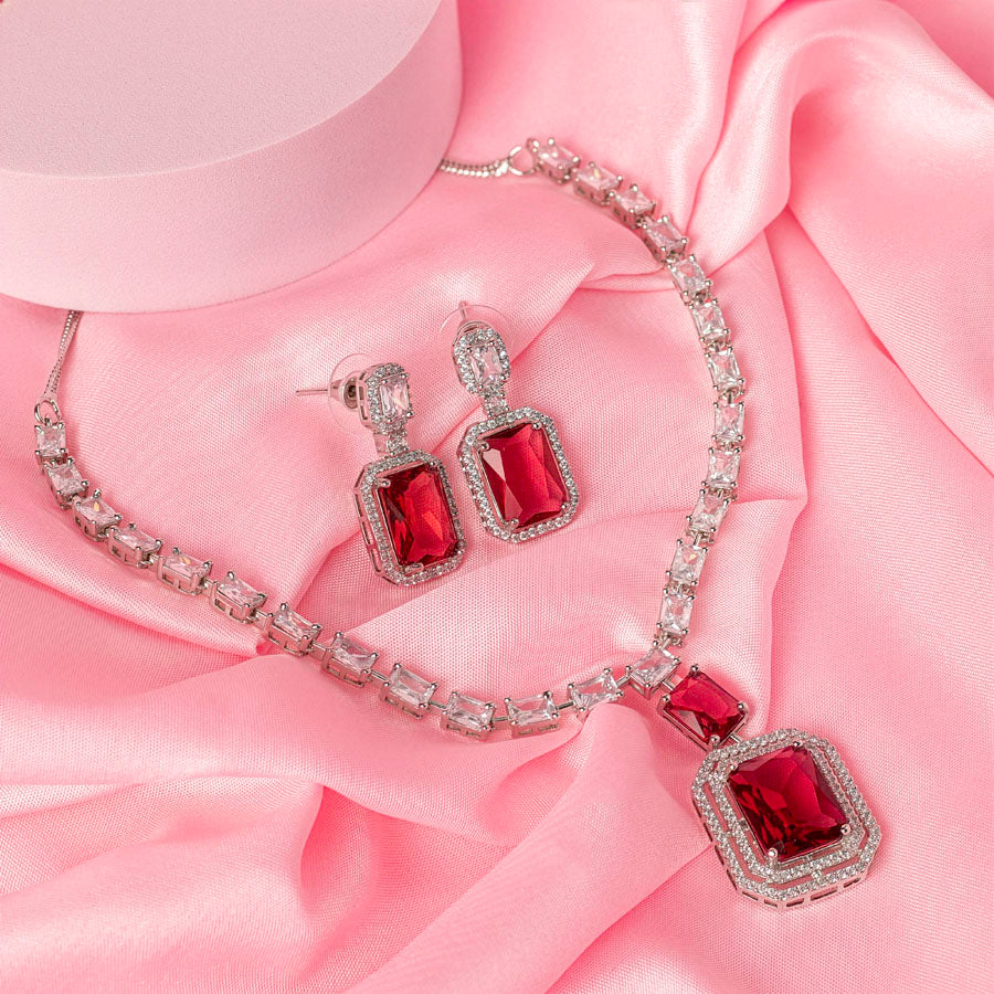 Wine Red Short Silver Polish Lightweight American Diamond Necklace Set for Women for Occasion and Party Wear (MC-NS-021-RED-SL-1)