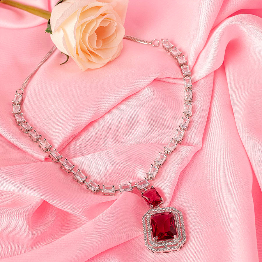 Wine Red Short Silver Polish Lightweight American Diamond Necklace Set for Women for Occasion and Party Wear (MC-NS-021-RED-SL-1)