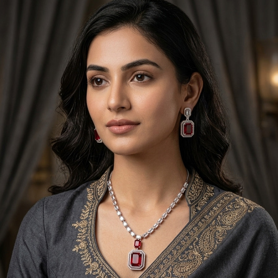 Wine Red Short Silver Polish Lightweight American Diamond Necklace Set for Women for Occasion and Party Wear (MC-NS-021-RED-SL-1)