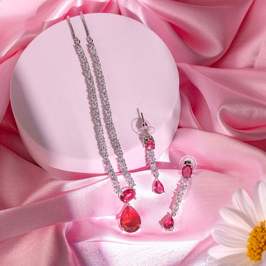 Wine Red Short Silver Necklace Set Lightweight American Diamond for Women for Occasion and Party Wear (MI - NS - 001 - RD - SL) - The Indian Mudra