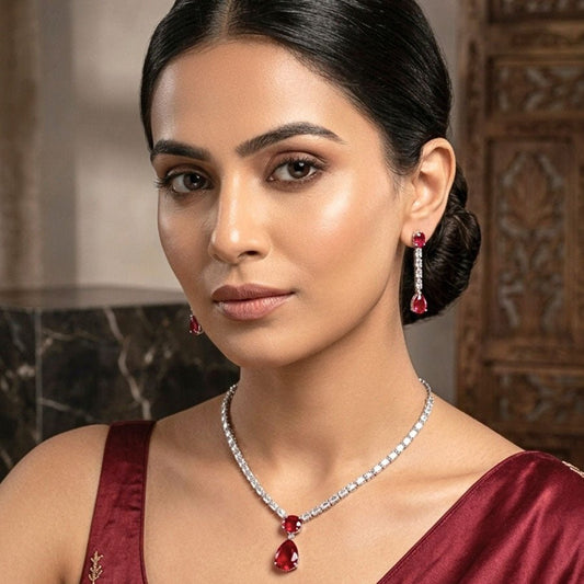 Wine Red Short Silver Necklace Set Lightweight American Diamond for Women for Occasion and Party Wear (MI - NS - 001 - RD - SL) - The Indian Mudra