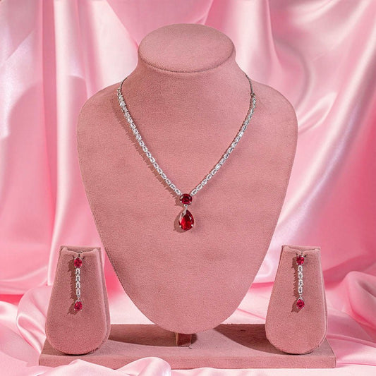 Wine Red Short Silver Necklace Set Lightweight American Diamond for Women for Occasion and Party Wear (MI - NS - 001 - RD - SL) - The Indian Mudra