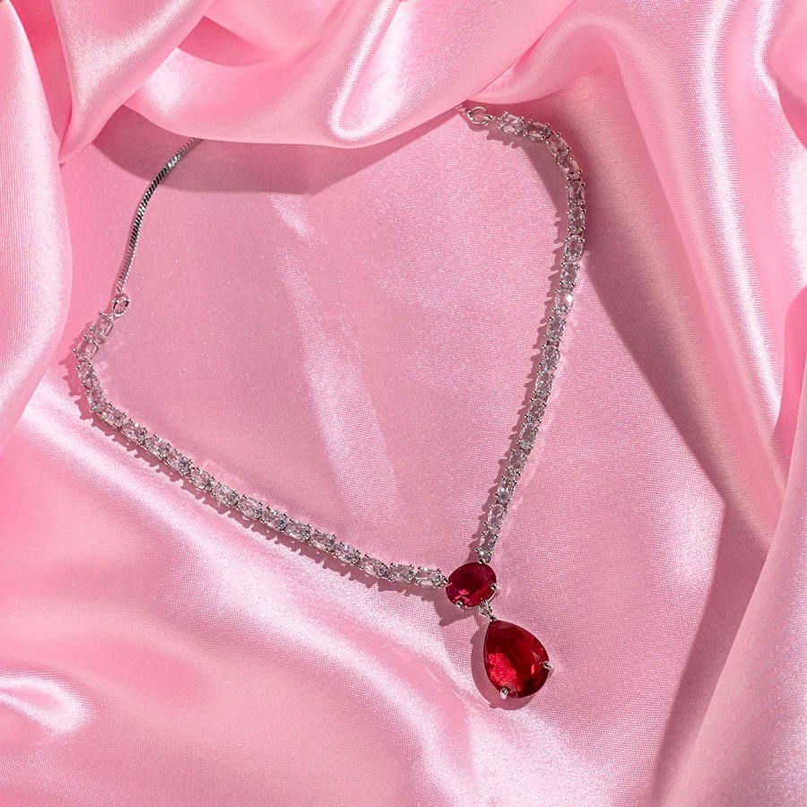 Wine Red Short Silver Necklace Set Lightweight American Diamond for Women for Occasion and Party Wear (MI - NS - 001 - RD - SL) - The Indian Mudra