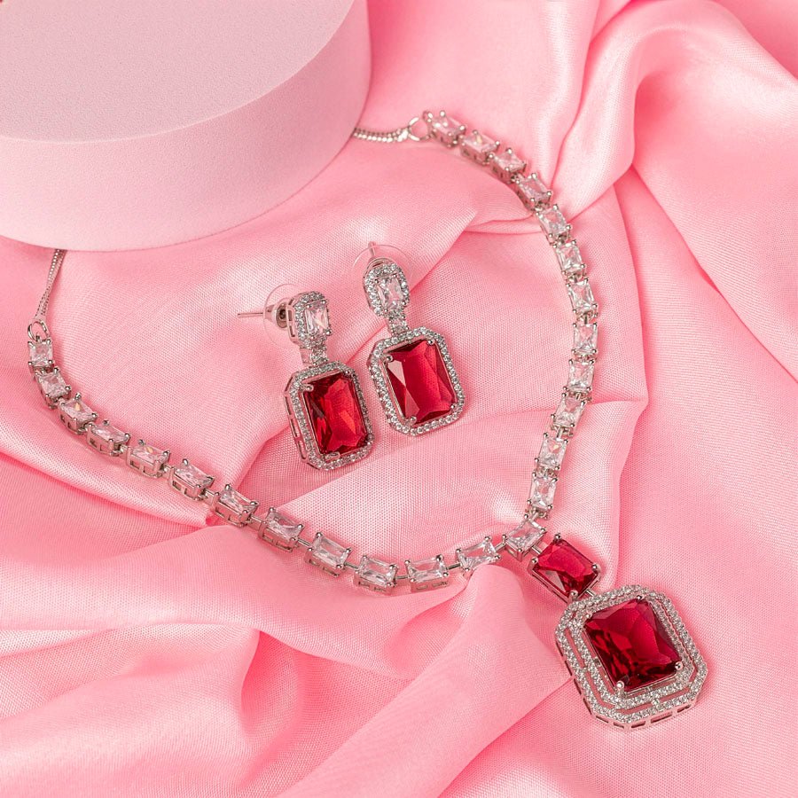 Wine Red Short Silver Polish Lightweight American Diamond Necklace Set for Women for Occasion and Party Wear (MC-NS-021-RED-SL-1) - The Indian Mudra