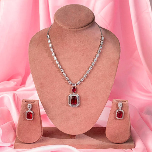 Wine Red Short Silver Polish Lightweight American Diamond Necklace Set for Women for Occasion and Party Wear (MC-NS-021-RED-SL-1) - The Indian Mudra