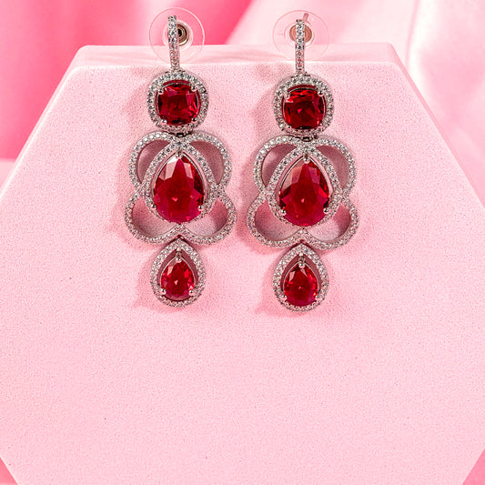 Wine Red Silver Polish American Diamond Ear Rings for Women for Occasion and Party Wear (MC-ER-002-RED-SL)