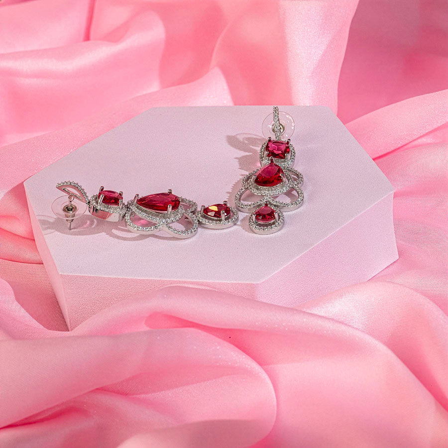 Wine Red Silver Polish American Diamond Ear Rings for Women for Occasion and Party Wear (MC-ER-002-RED-SL)