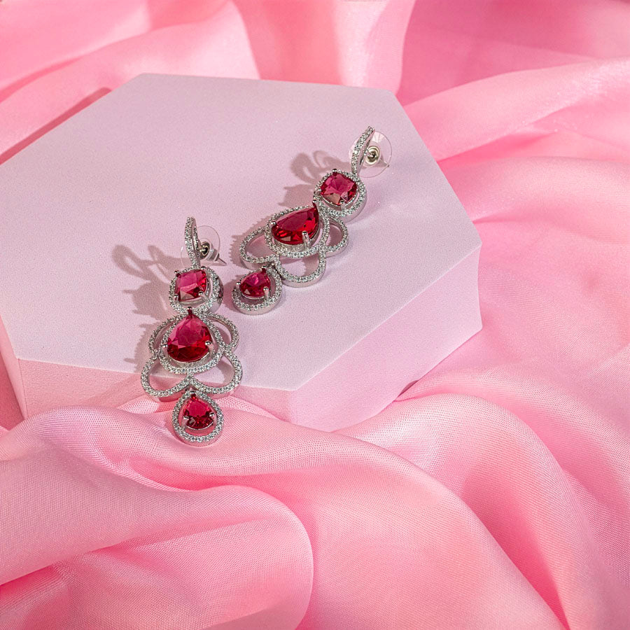 Wine Red Silver Polish American Diamond Ear Rings for Women for Occasion and Party Wear (MC-ER-002-RED-SL)