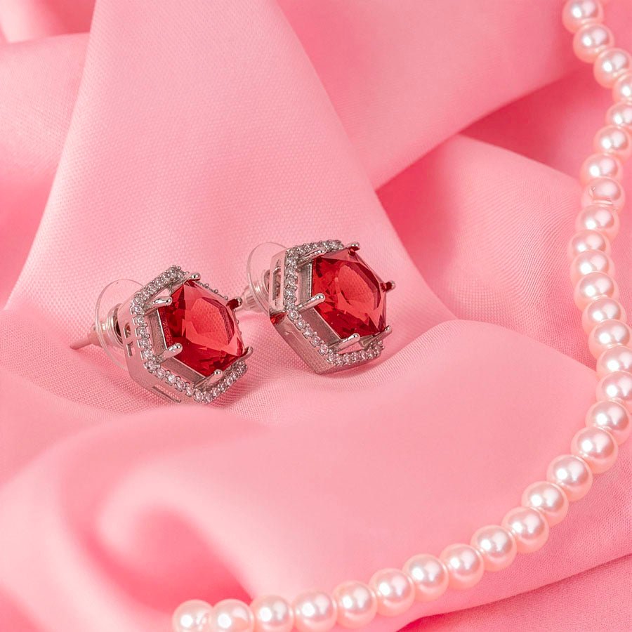 Wine Red Silver Polish Lightweight American Diamond Ear Rings for Women for Occasion and Party Wear (MC - ER - 004 - RED - SL) - The Indian Mudra