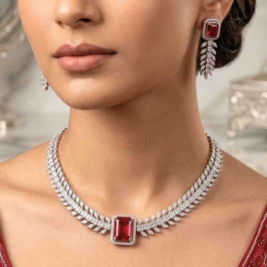 Wine Red Silver Polish Short Lightweight American Diamond Necklace Set - The Indian Mudra