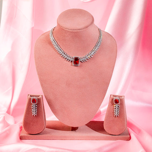 Wine Red Silver Short Lightweight American Diamond Necklace Set for Women for Occasion and Party Wear (MC-NS-001-RD-SL)
