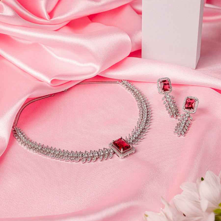Wine Red Silver Polish Short Lightweight American Diamond Necklace Set for Women for Occasion and Party Wear (MC-NS-001-RD-SL)