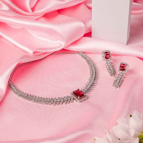 Wine Red Silver Polish Short Lightweight American Diamond Necklace Set for Women for Occasion and Party Wear (MC-NS-001-RD-SL)